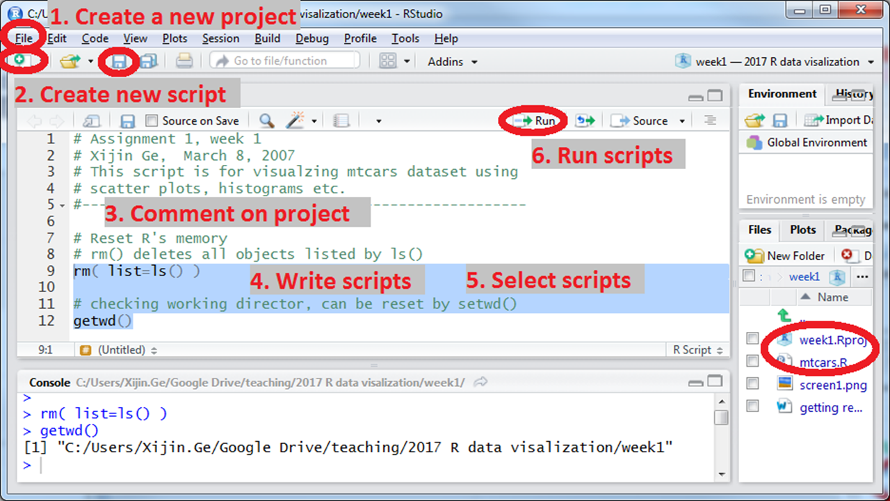 Beginning a project in Rstudio, a recommended workflow: commenting, resetting, checking working folder.