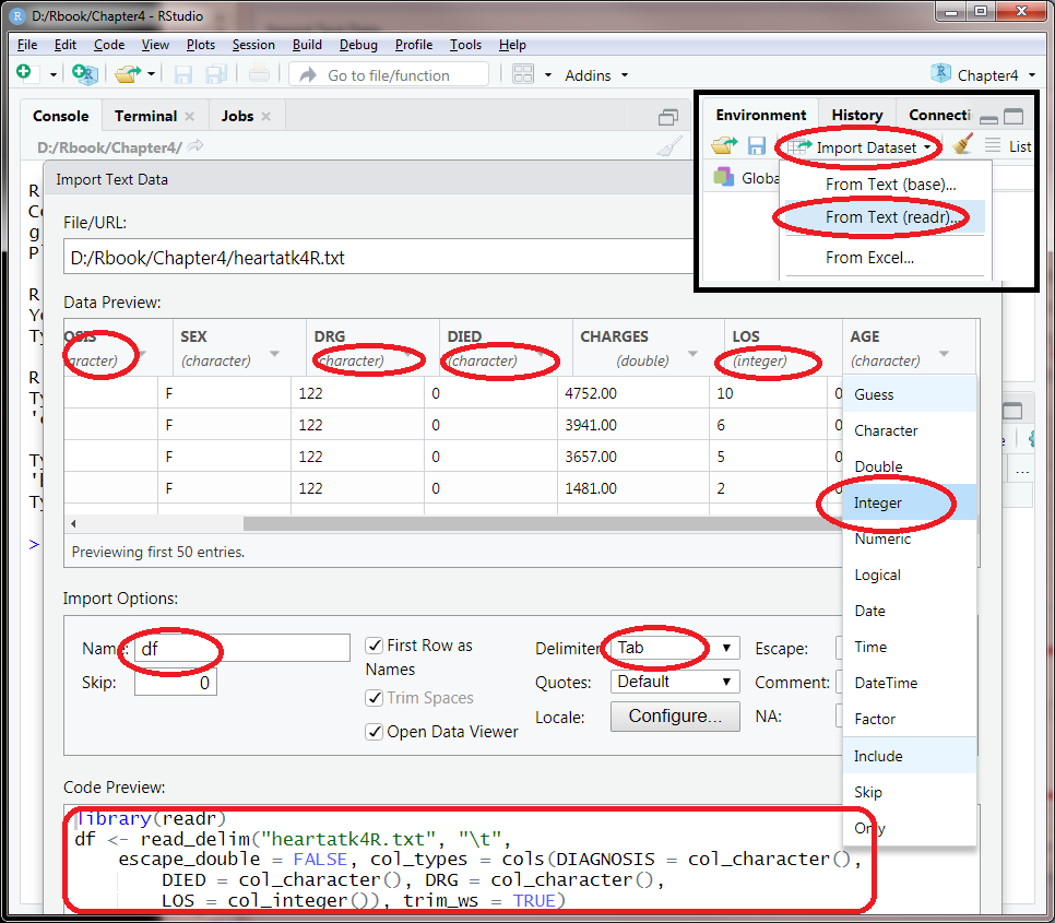 Changing data types while importing data into Rstudio.